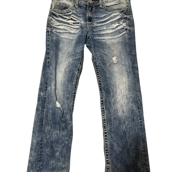 Buckle Salvage Mayhem Straight Ripped Distressed Denim Blue Jeans Men's Sz 32S - Picture 1 of 8
